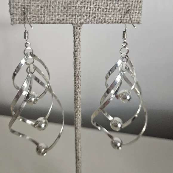 Twisted Geometric Chic Drop Silver Earrings | SZ 3" - Picture 4 of 4